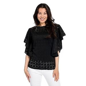 Marc Bouwer Women's Black Eyelet Ruffle Flutter Sleeve Blouse Extra Small